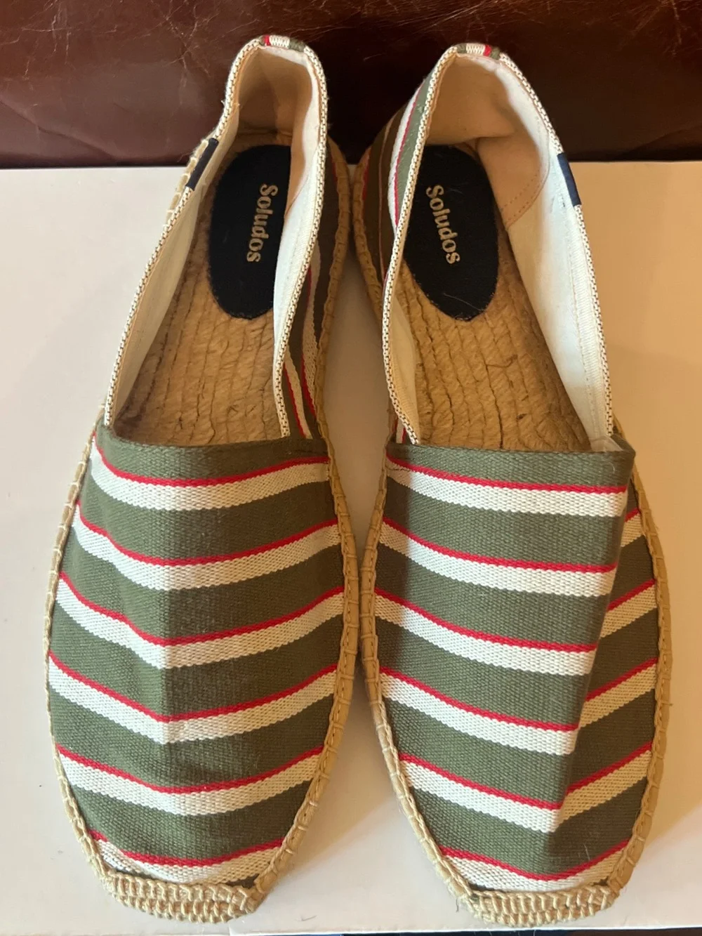 Soludos Mens Original Espadrille Shoes Olive Ivory Red Striped Sz 11 New without